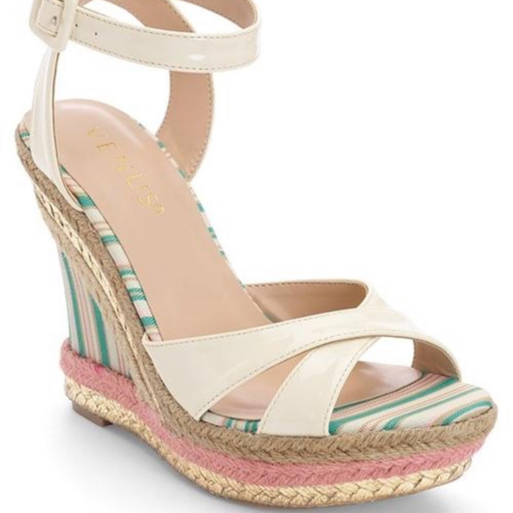 Wedges summer heels size 7.5 espadrille white/blue - Picture 3 of 10